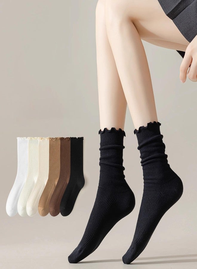 Rueesh 6 Pairs Breathable Women Warm Ruffle Ankle Socks Winter Cozy Knit Cotton Crew Socks Soft Thermal Frilly Calf Socks - Image 5
